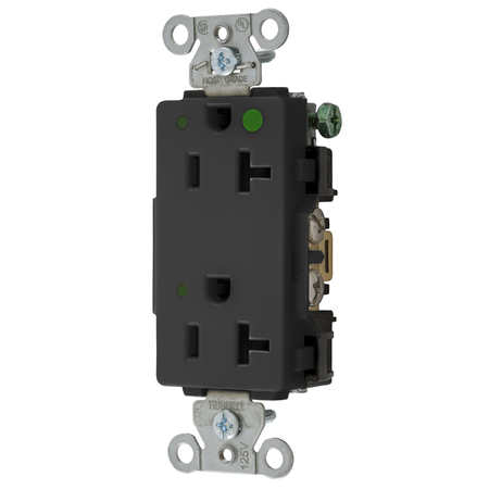 HUBBELL WIRING DEVICE-KELLEMS Straight Blade Devices, Decorator Duplex Receptacle, Hospital Grade, Hubbell-Pro, LED Indicator, 20A 125V, 2-Pole 3-Wire Grounding, 5-20R, Black 2182BKL